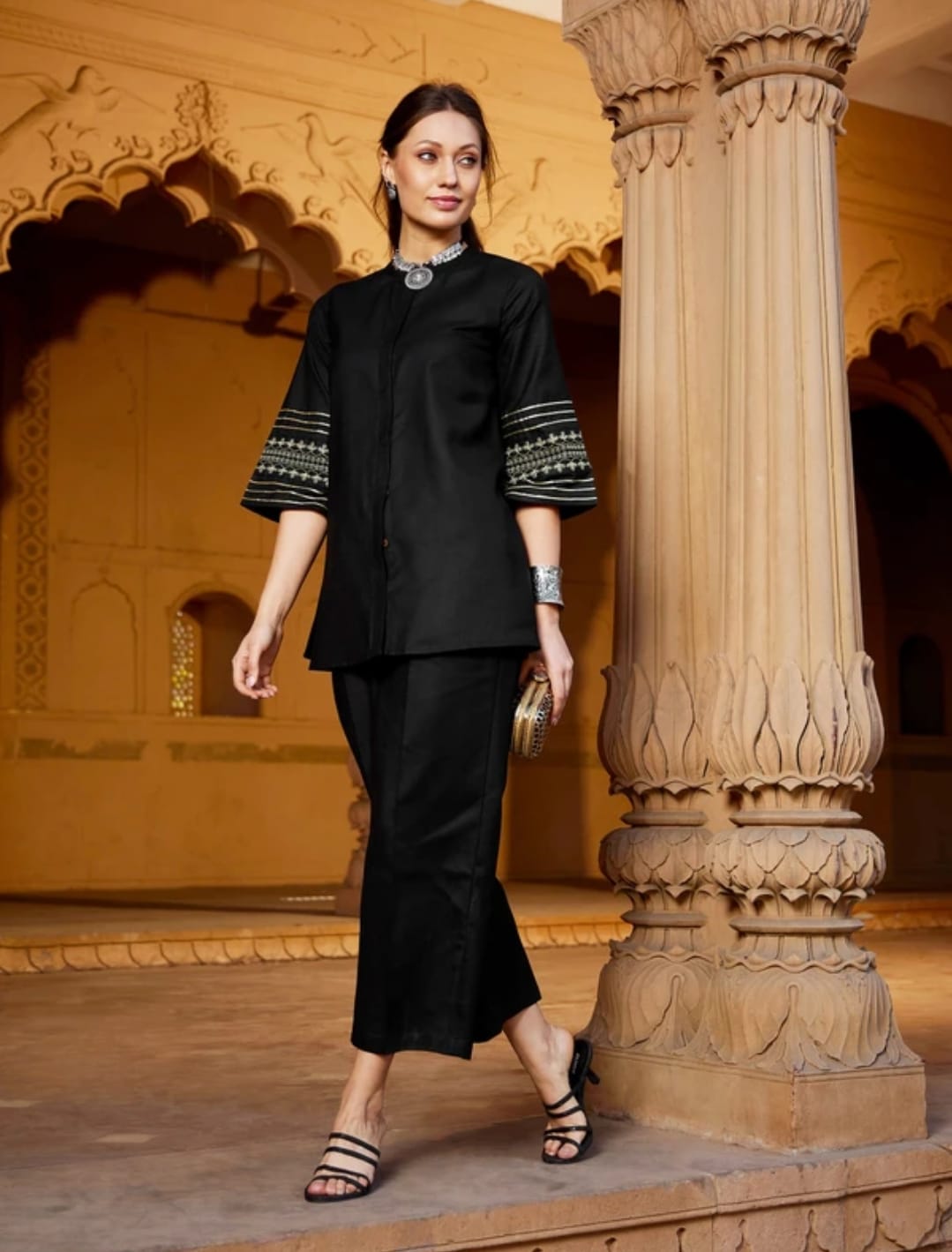 Tritiyaa Black Cotton Slub Co-Ord Set | Embroidered Sleeve Kurti with Pants | Elegant Ethnic Wear