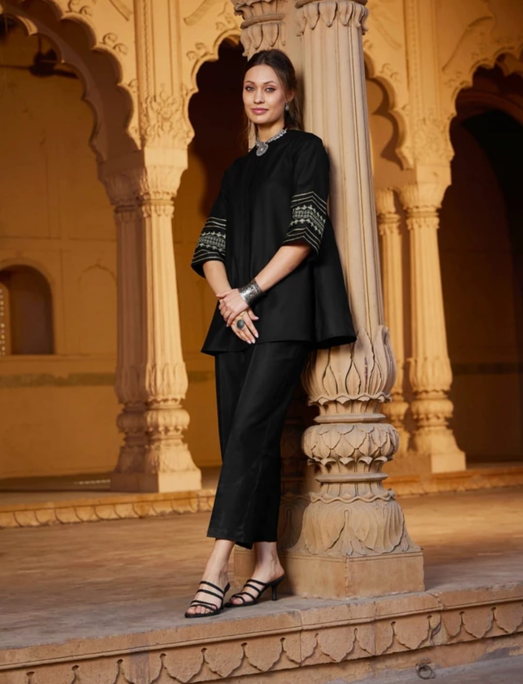 Tritiyaa Black Cotton Slub Co-Ord Set | Embroidered Sleeve Kurti with Pants | Elegant Ethnic Wear