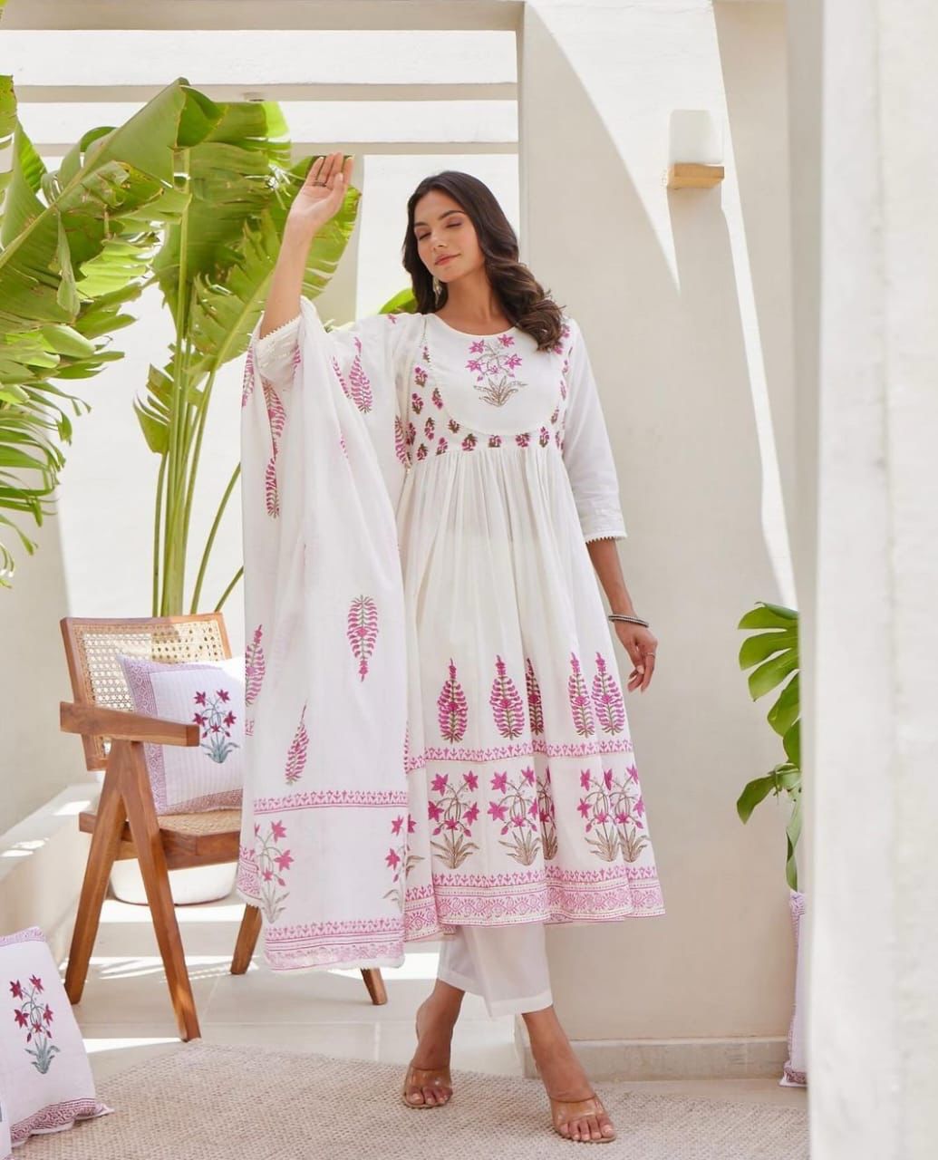 Tritiyaa White Jaipur Floral Cotton Kurta Set with Dupatta | Women’s Full Ghera Ethnic Suit Set