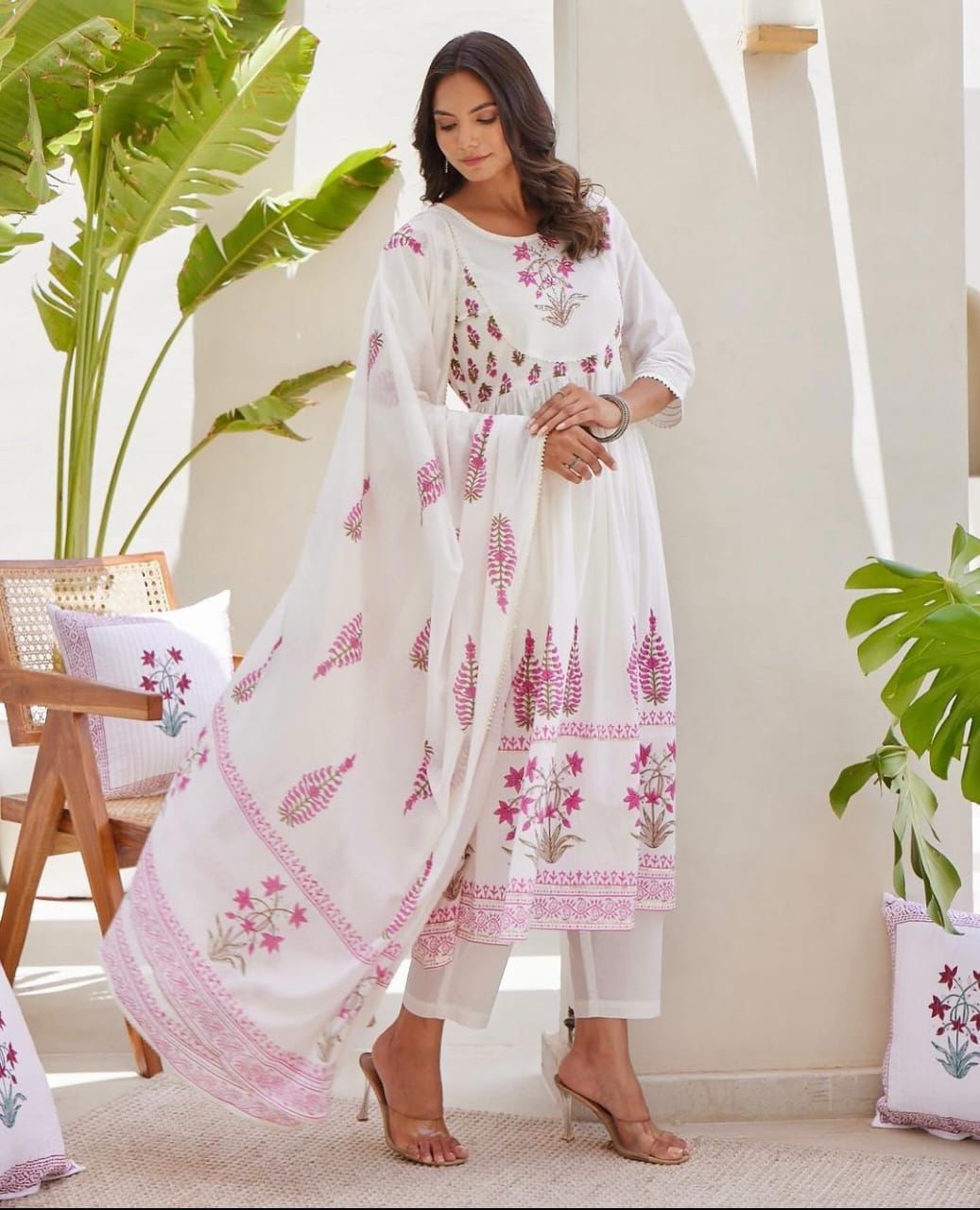 Tritiyaa White Jaipur Floral Cotton Kurta Set with Dupatta | Women’s Full Ghera Ethnic Suit Set