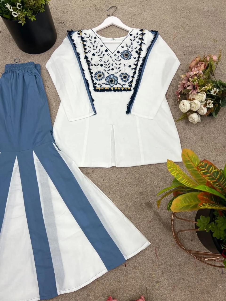 Tritiyaa Premium Taj Cotton 60×60 Embroidered Kurta & Sarara Set with Sikka Lace – Elegant Festive Cotton Cord Set