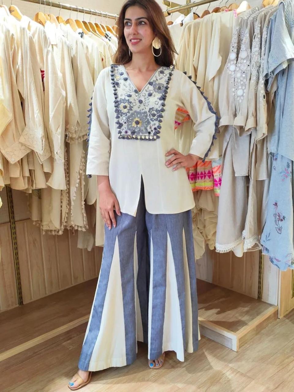 Tritiyaa Premium Taj Cotton 60×60 Embroidered Kurta & Sarara Set with Sikka Lace – Elegant Festive Cotton Cord Set