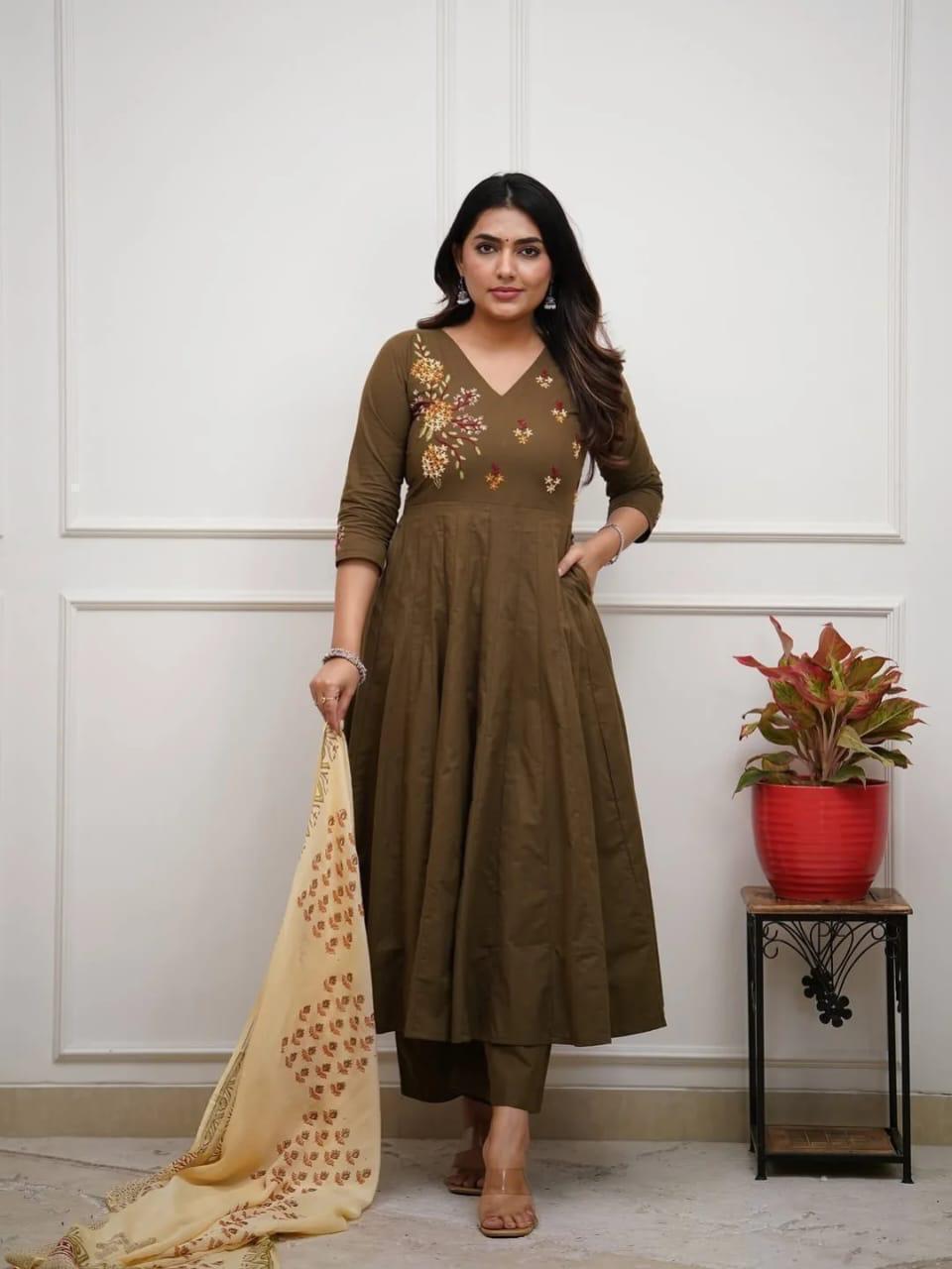 Tritiyaa Olive Cotton Anarkali Kurta Set with Sequence Embroidery & Handblocked Dupatta – Elegant Ethnic 3-Piece Ensemble