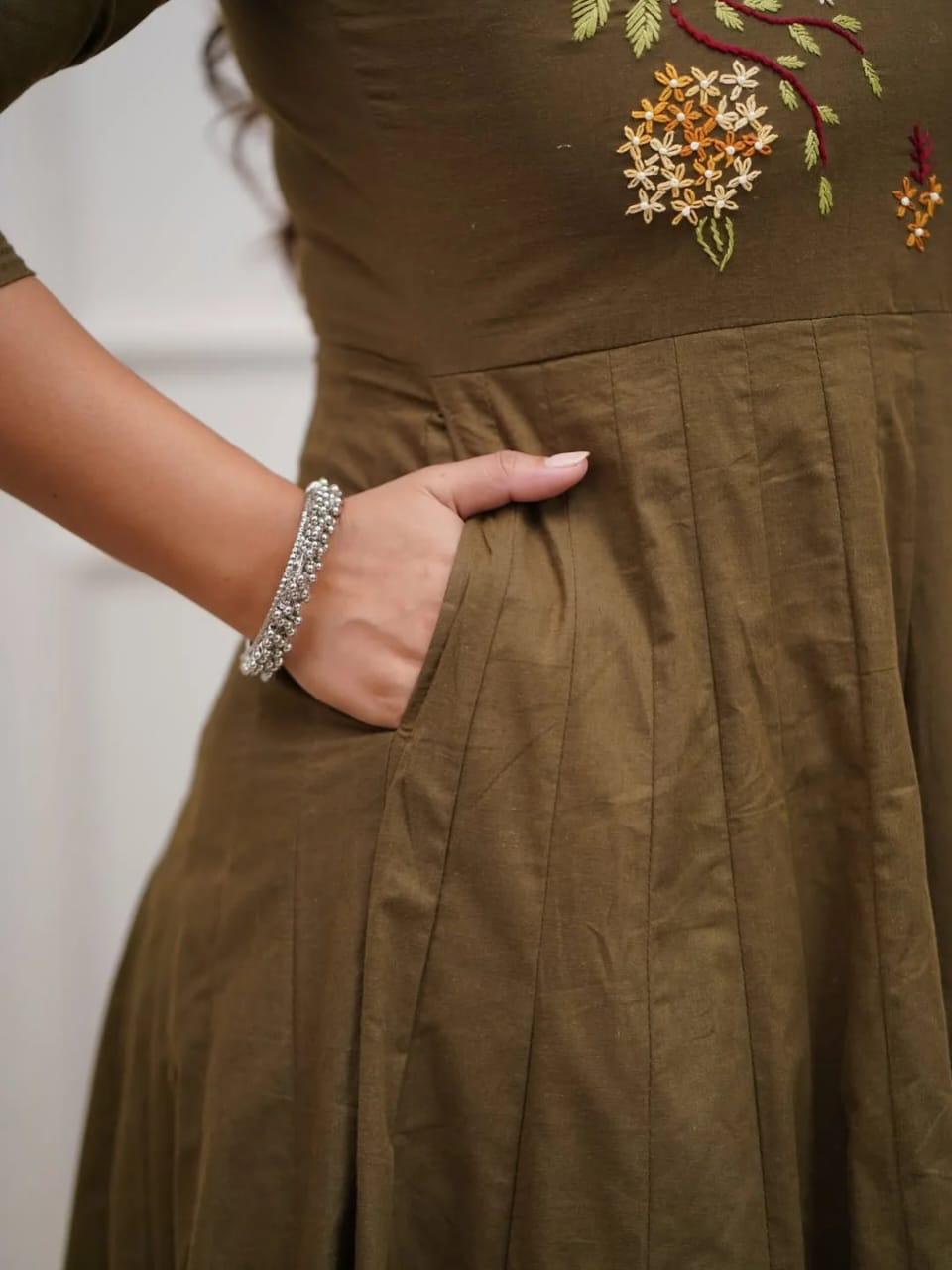 Tritiyaa Olive Cotton Anarkali Kurta Set with Sequence Embroidery & Handblocked Dupatta – Elegant Ethnic 3-Piece Ensemble