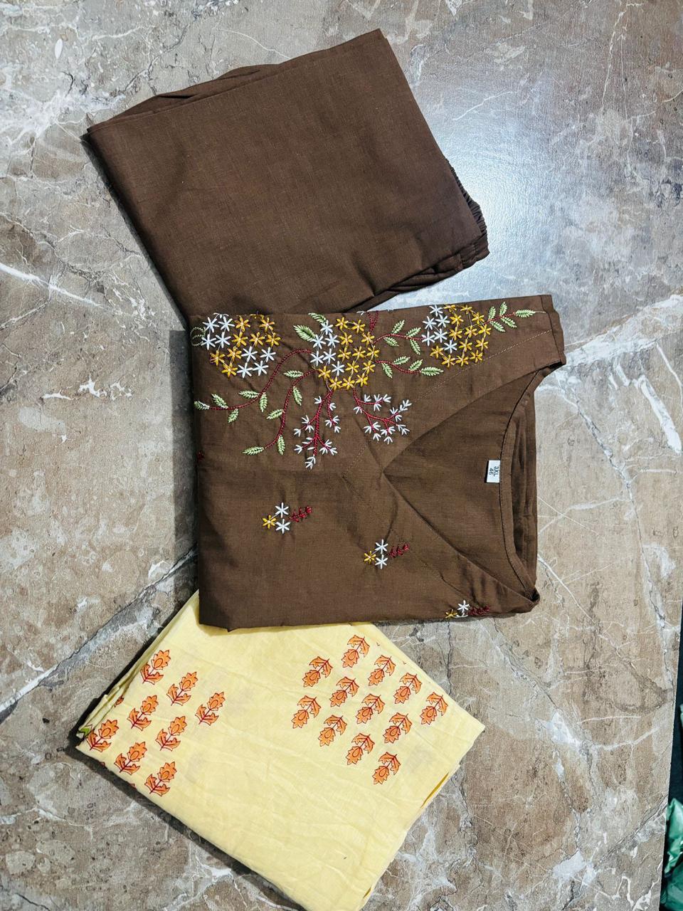 Tritiyaa Olive Cotton Anarkali Kurta Set with Sequence Embroidery & Handblocked Dupatta – Elegant Ethnic 3-Piece Ensemble