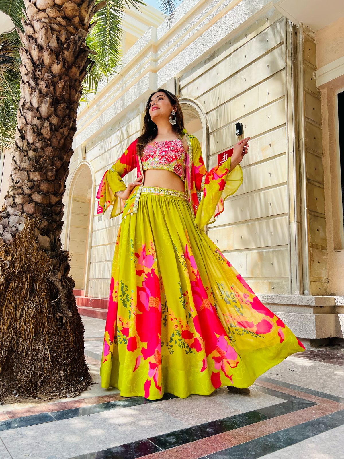 Tritiyaa Designer Faux Georgette Lehenga Choli with Mirror & Zari Work – Vibrant Floral Printed 3-Piece Ethnic Set
