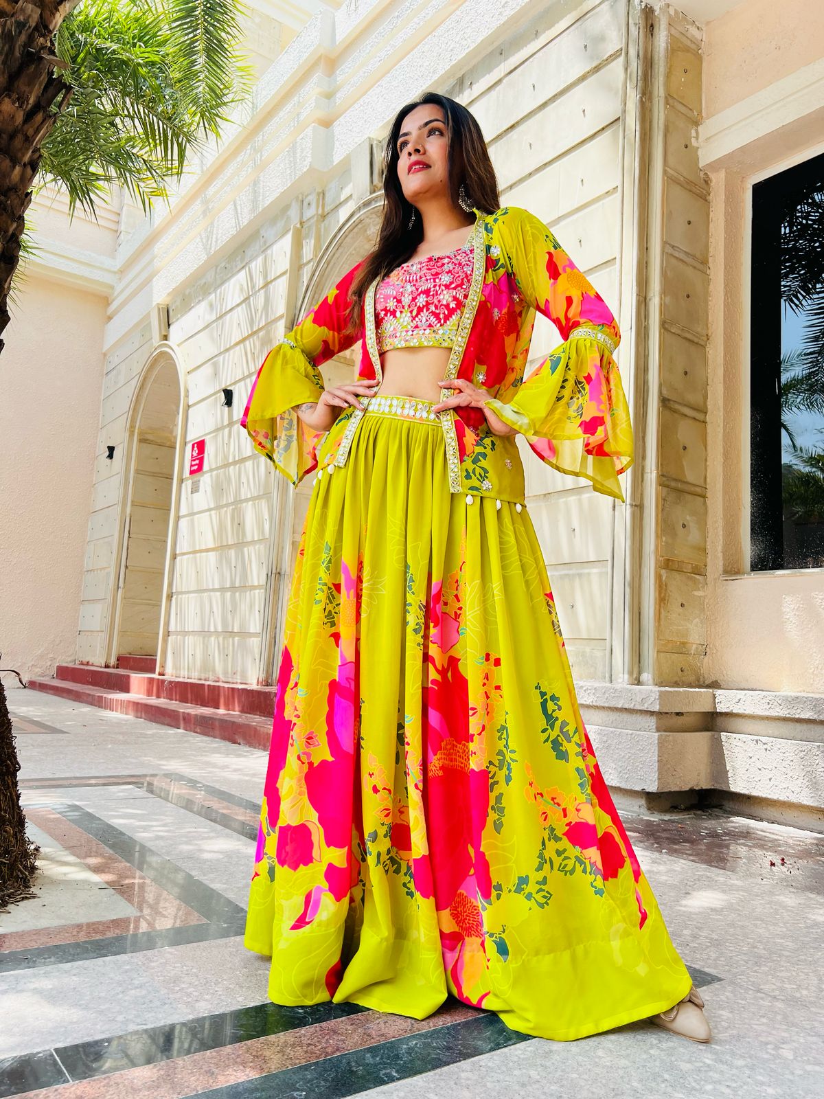Tritiyaa Designer Faux Georgette Lehenga Choli with Mirror & Zari Work – Vibrant Floral Printed 3-Piece Ethnic Set