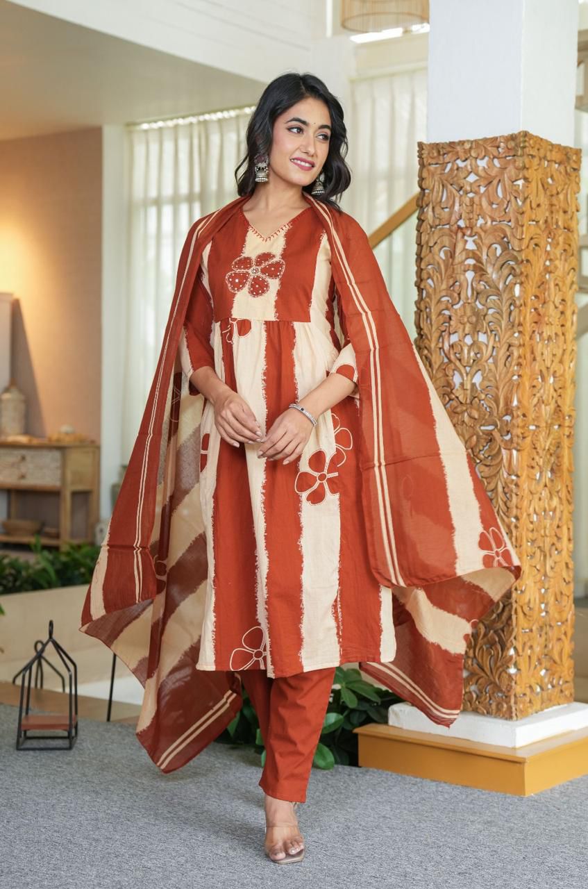 Tritiyaa A-Line Handcrafted Cotton Floral Kurti Set with Dupatta