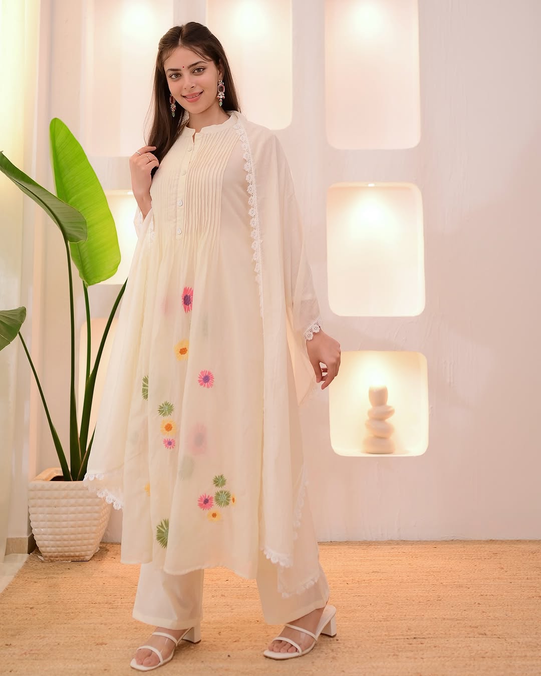 Tritiyaa Ivory Pastel Floral Pure Cotton Embroidered Suit Set