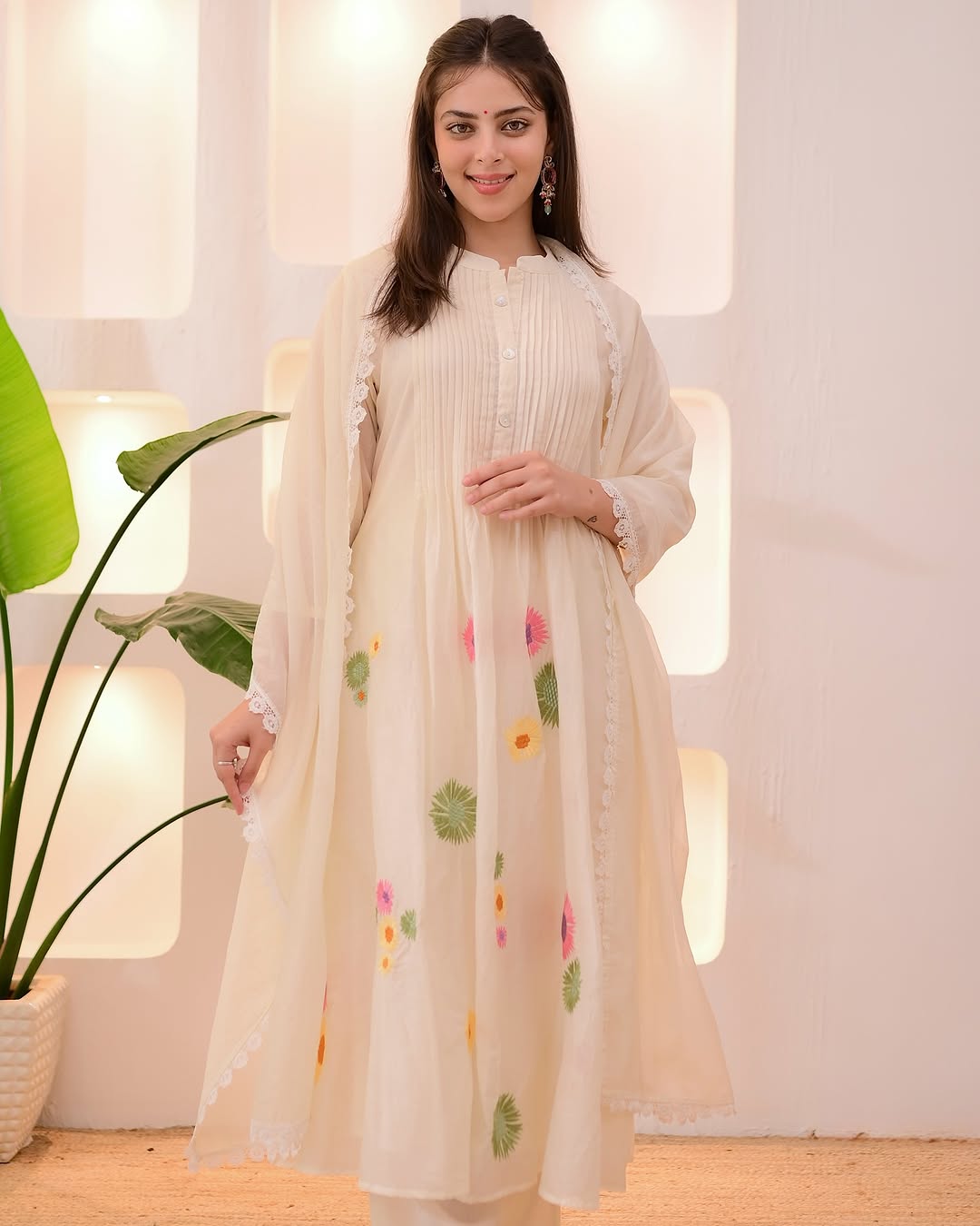 Tritiyaa Ivory Pastel Floral Pure Cotton Embroidered Suit Set