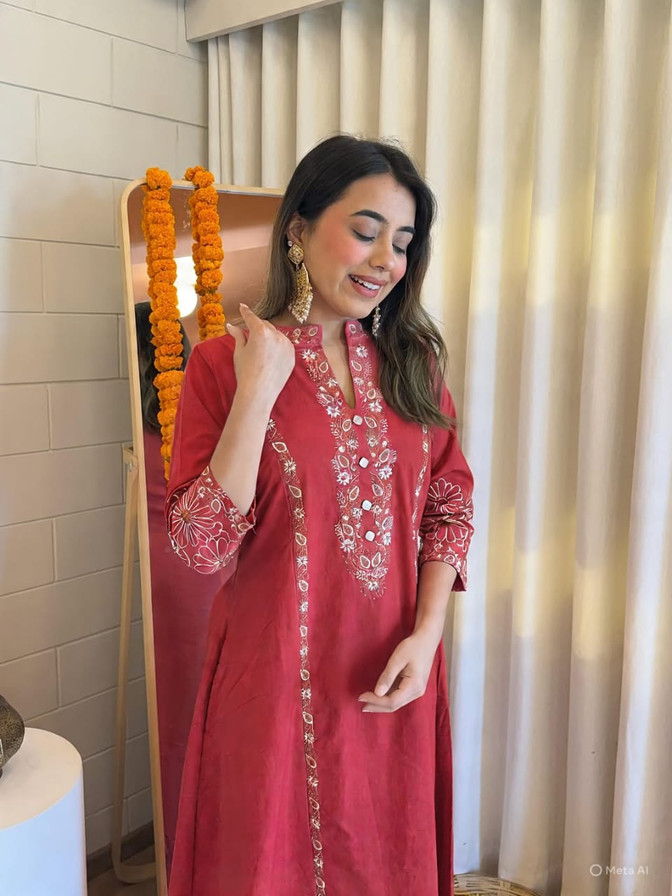 Tritiyaa Red/Pink Pure Cotton Kurti Pant Set with Embroidery | Elegant Festive Ethnic Wear for Women