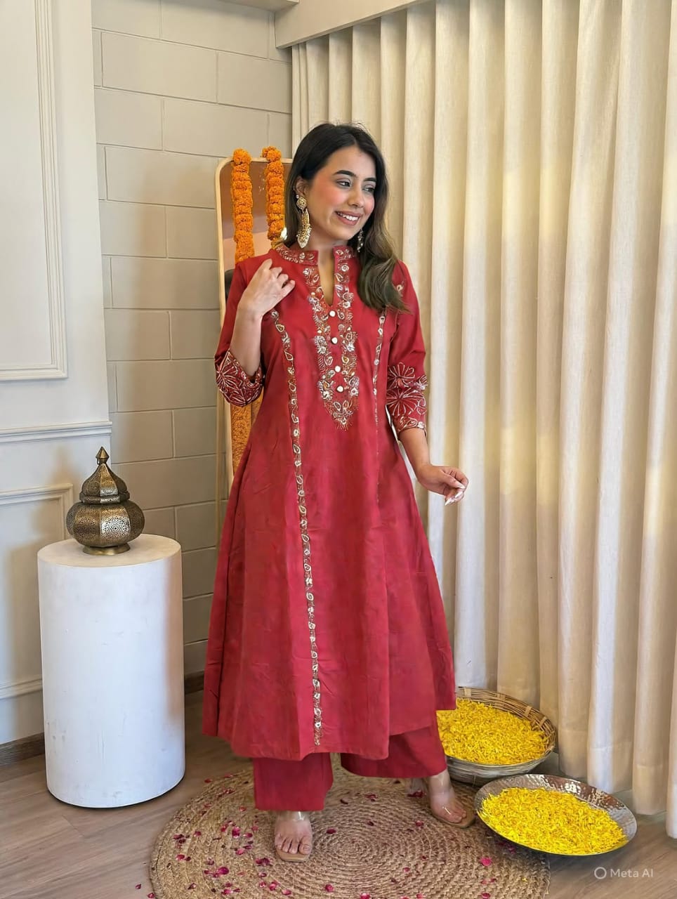 Tritiyaa Red/Pink Pure Cotton Kurti Pant Set with Embroidery | Elegant Festive Ethnic Wear for Women