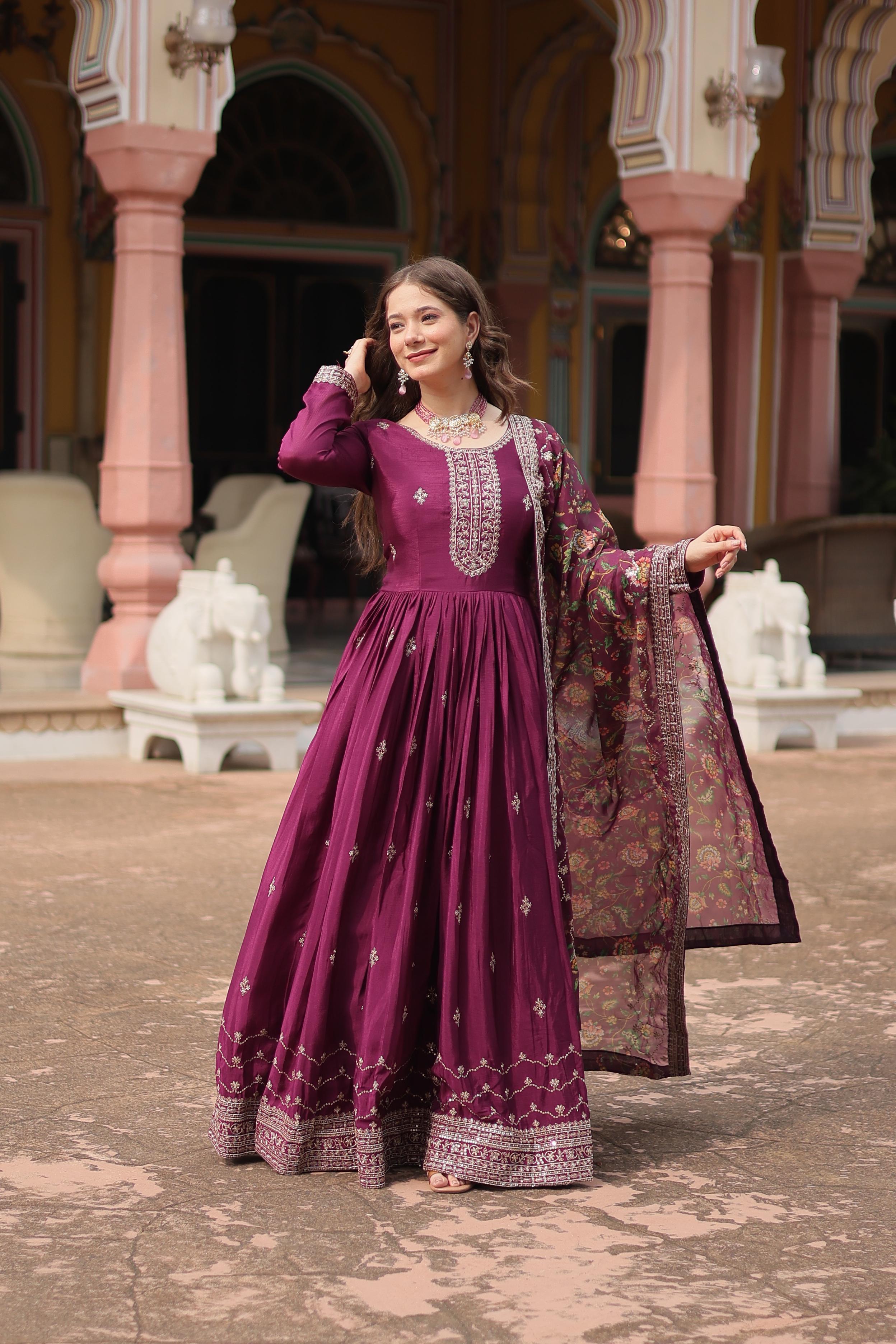 Tritiyaa Chinon Sequins Embroidered Anarkali Gown with Kalamkari Dupatta | Elegant Ethnic Party Wear