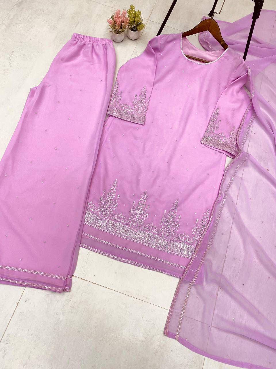 Tritiyaa Designer Georgette Suit Set with Sequins Embroidery | LG LeemboGee Exclusive Kurti, Palazzo & Dupatta