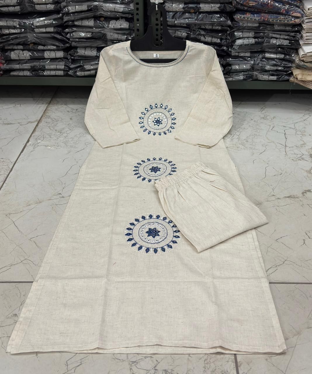 Tritiyaa Elegant Ivory Cotton Flex Kurta Pant Set | Minimal Embroidered Office Wear