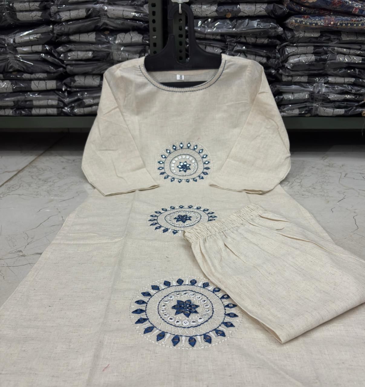 Tritiyaa Elegant Ivory Cotton Flex Kurta Pant Set | Minimal Embroidered Office Wear