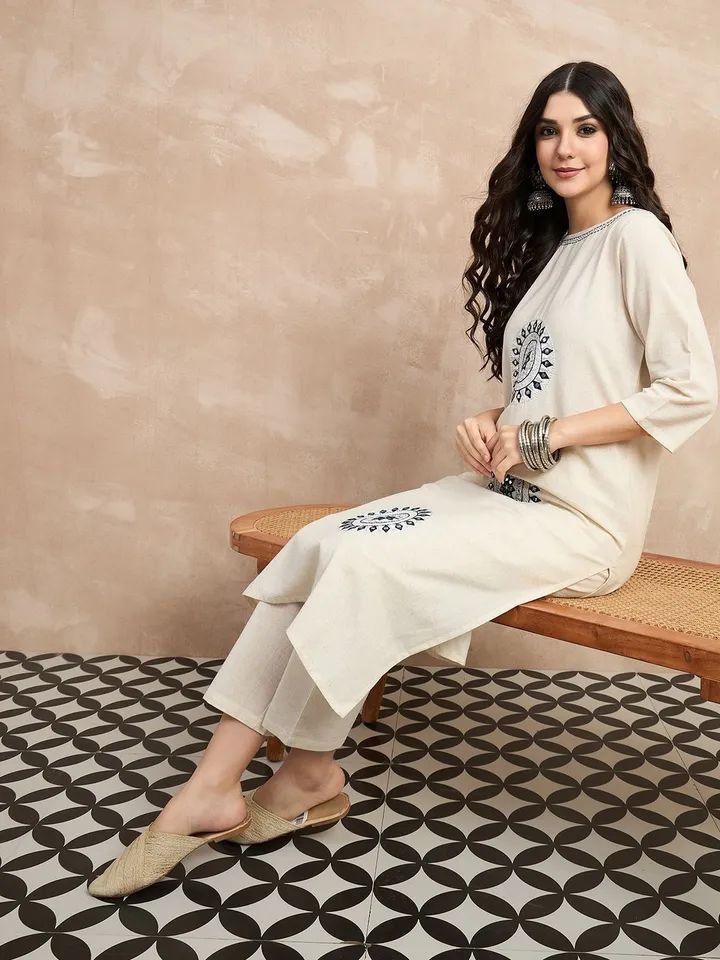 Tritiyaa Elegant Ivory Cotton Flex Kurta Pant Set | Minimal Embroidered Office Wear