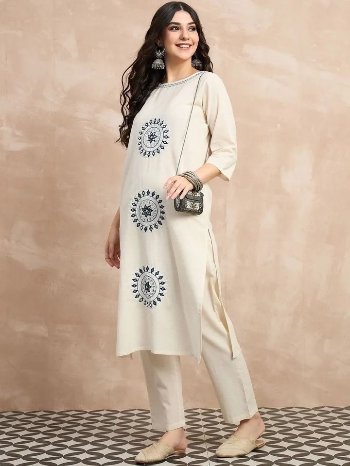 Tritiyaa Elegant Ivory Cotton Flex Kurta Pant Set | Minimal Embroidered Office Wear