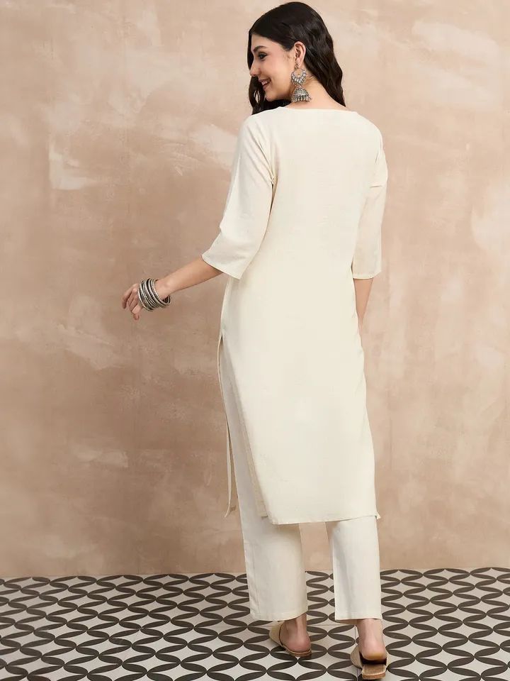Tritiyaa Elegant Ivory Cotton Flex Kurta Pant Set | Minimal Embroidered Office Wear