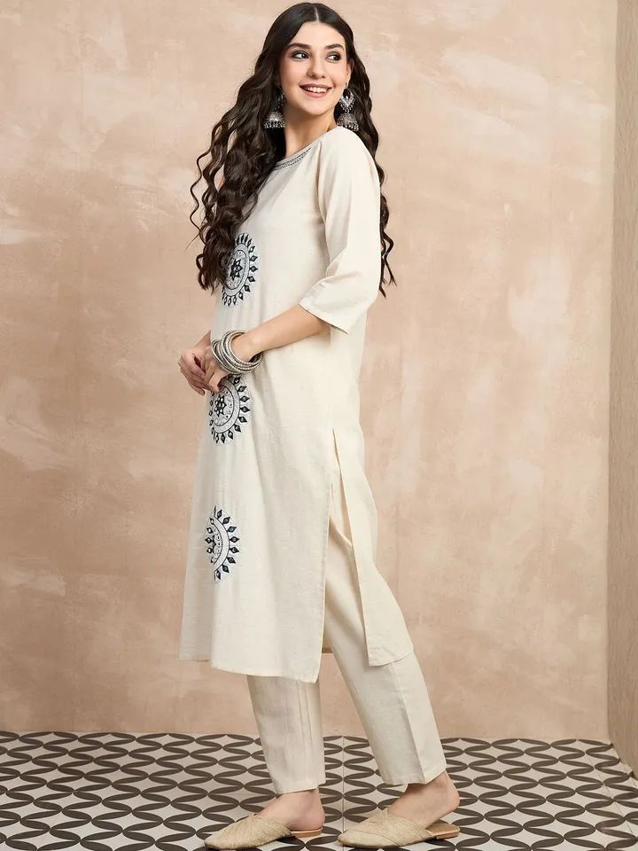 Tritiyaa Elegant Ivory Cotton Flex Kurta Pant Set | Minimal Embroidered Office Wear