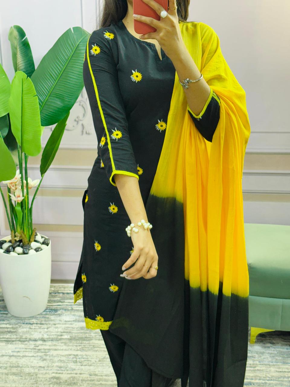 Tritiyaa Black Cotton Embroidered Straight Kurti Pant Dupatta Set | 3-Piece Magic Kurta Set