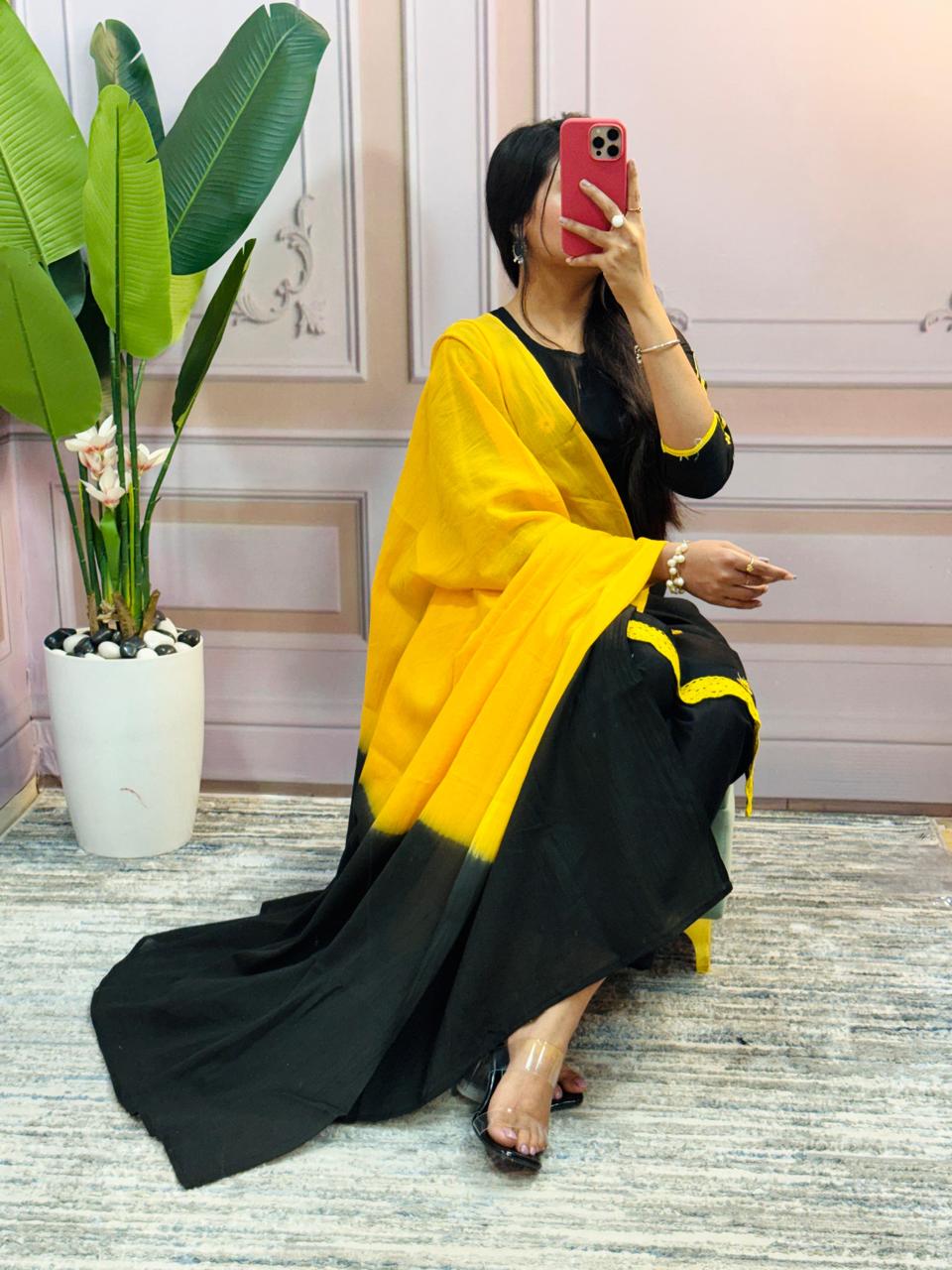 Tritiyaa Black Cotton Embroidered Straight Kurti Pant Dupatta Set | 3-Piece Magic Kurta Set