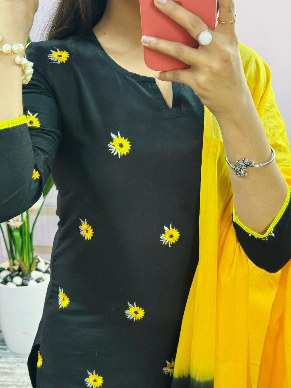 Tritiyaa Black Cotton Embroidered Straight Kurti Pant Dupatta Set | 3-Piece Magic Kurta Set