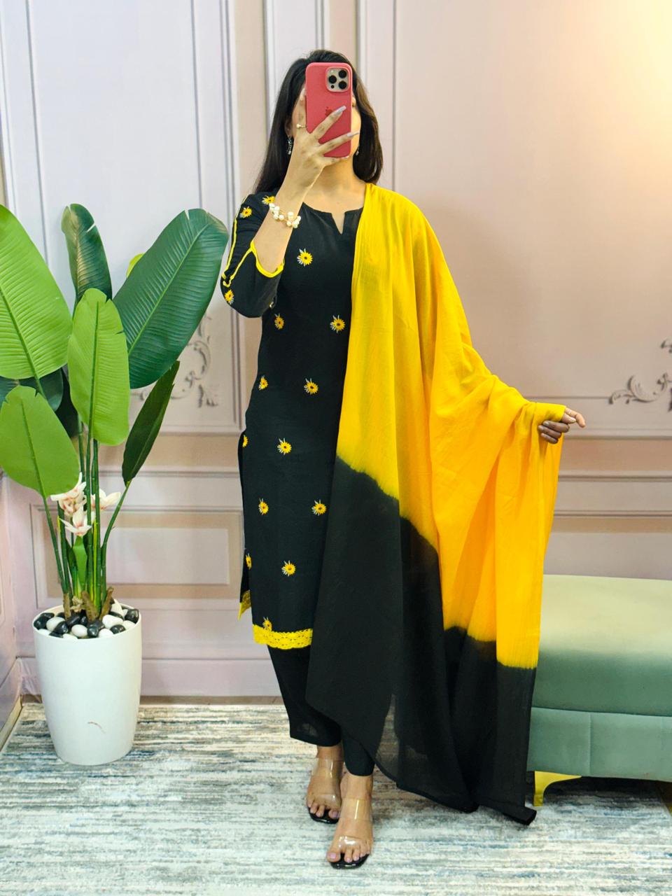 Tritiyaa Black Cotton Embroidered Straight Kurti Pant Dupatta Set | 3-Piece Magic Kurta Set