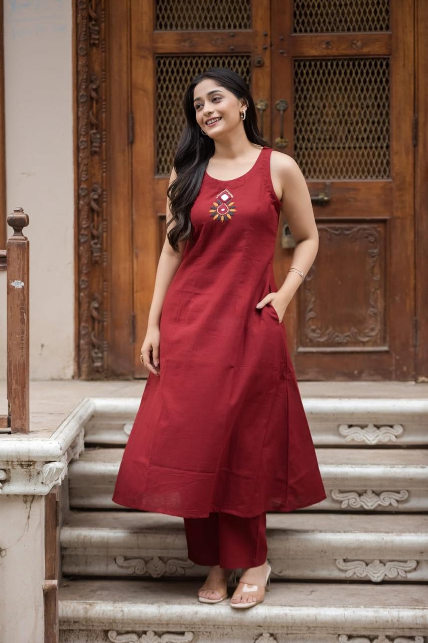Tritiyaa Classy A-Line Halter Neck Cotton Kurti Palazzo Set | Trendy Co-Ord Set