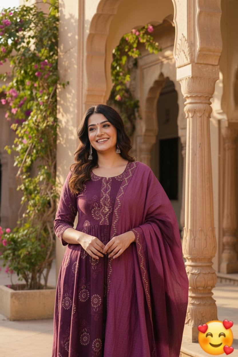 Tritiyaa Two-Layer Anarkali Cotton Kurti Pant Dupatta Set | Hand Block Print Umbrella Suit