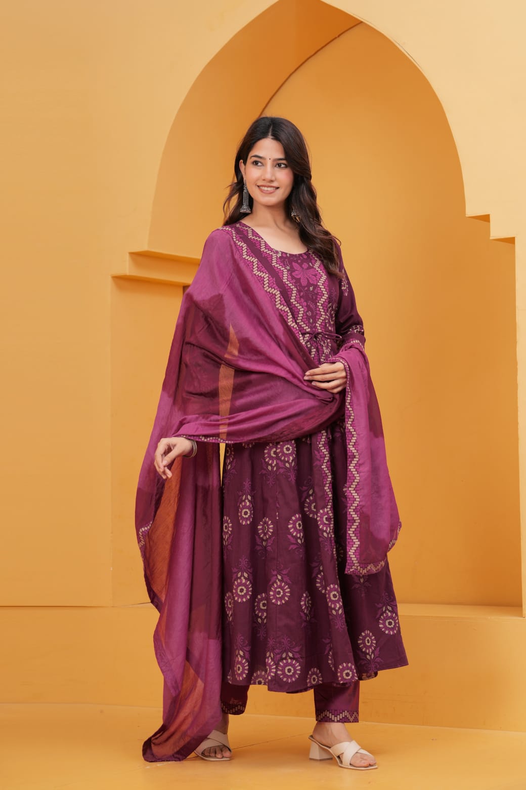 Tritiyaa Two-Layer Anarkali Cotton Kurti Pant Dupatta Set | Hand Block Print Umbrella Suit