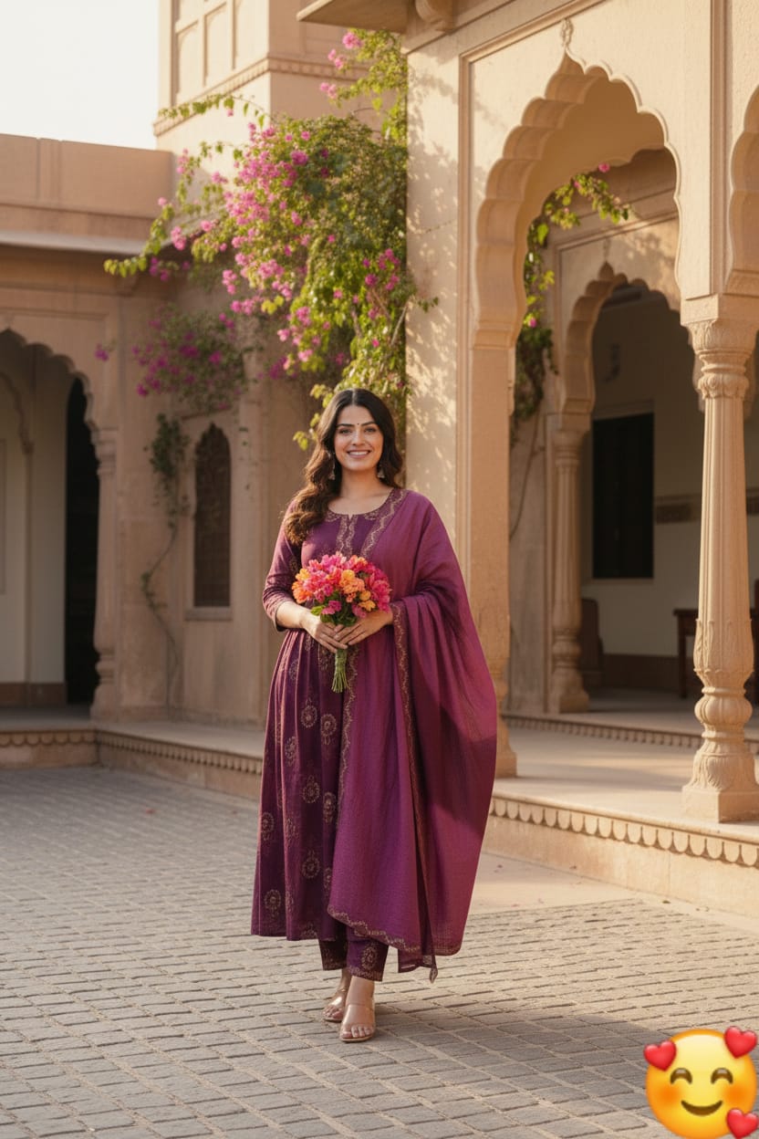 Tritiyaa Two-Layer Anarkali Cotton Kurti Pant Dupatta Set | Hand Block Print Umbrella Suit