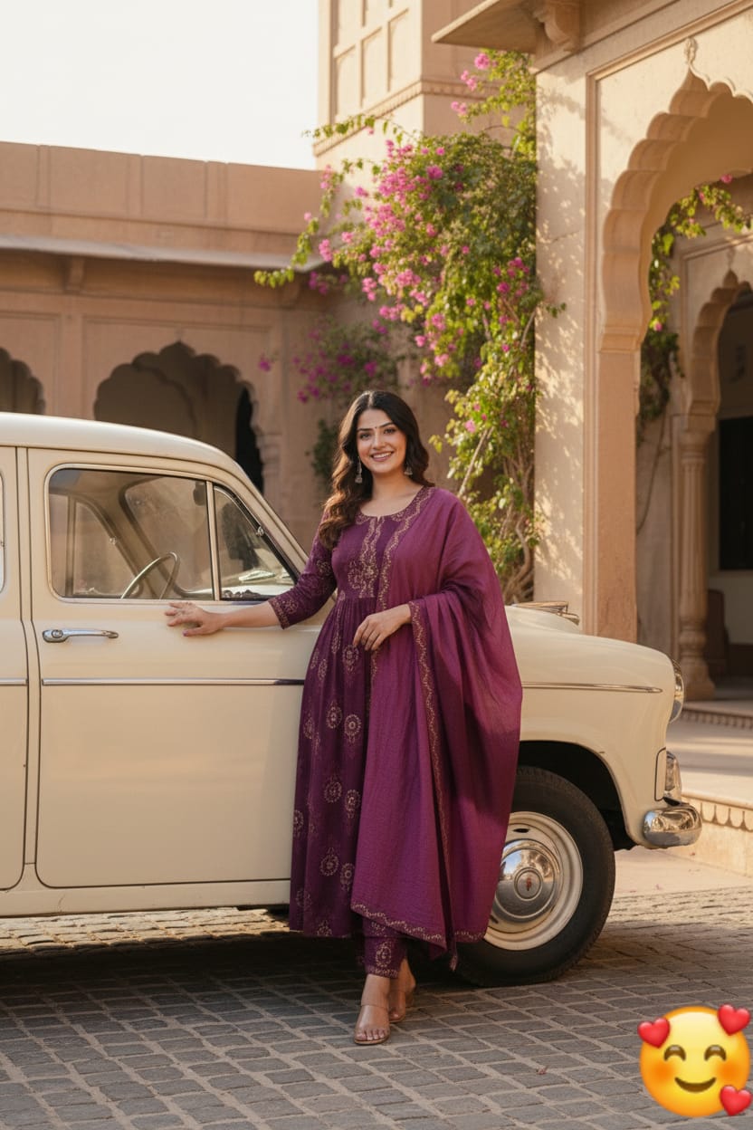 Tritiyaa Two-Layer Anarkali Cotton Kurti Pant Dupatta Set | Hand Block Print Umbrella Suit