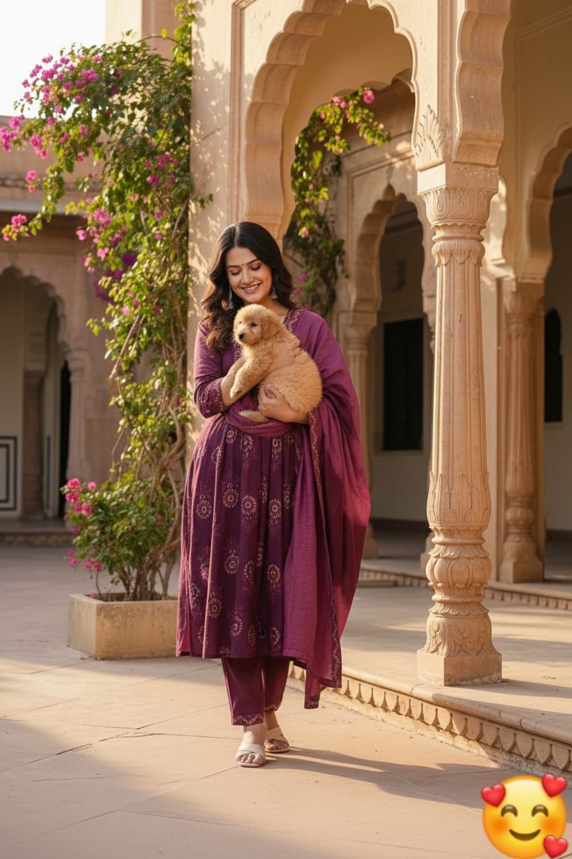 Tritiyaa Two-Layer Anarkali Cotton Kurti Pant Dupatta Set | Hand Block Print Umbrella Suit