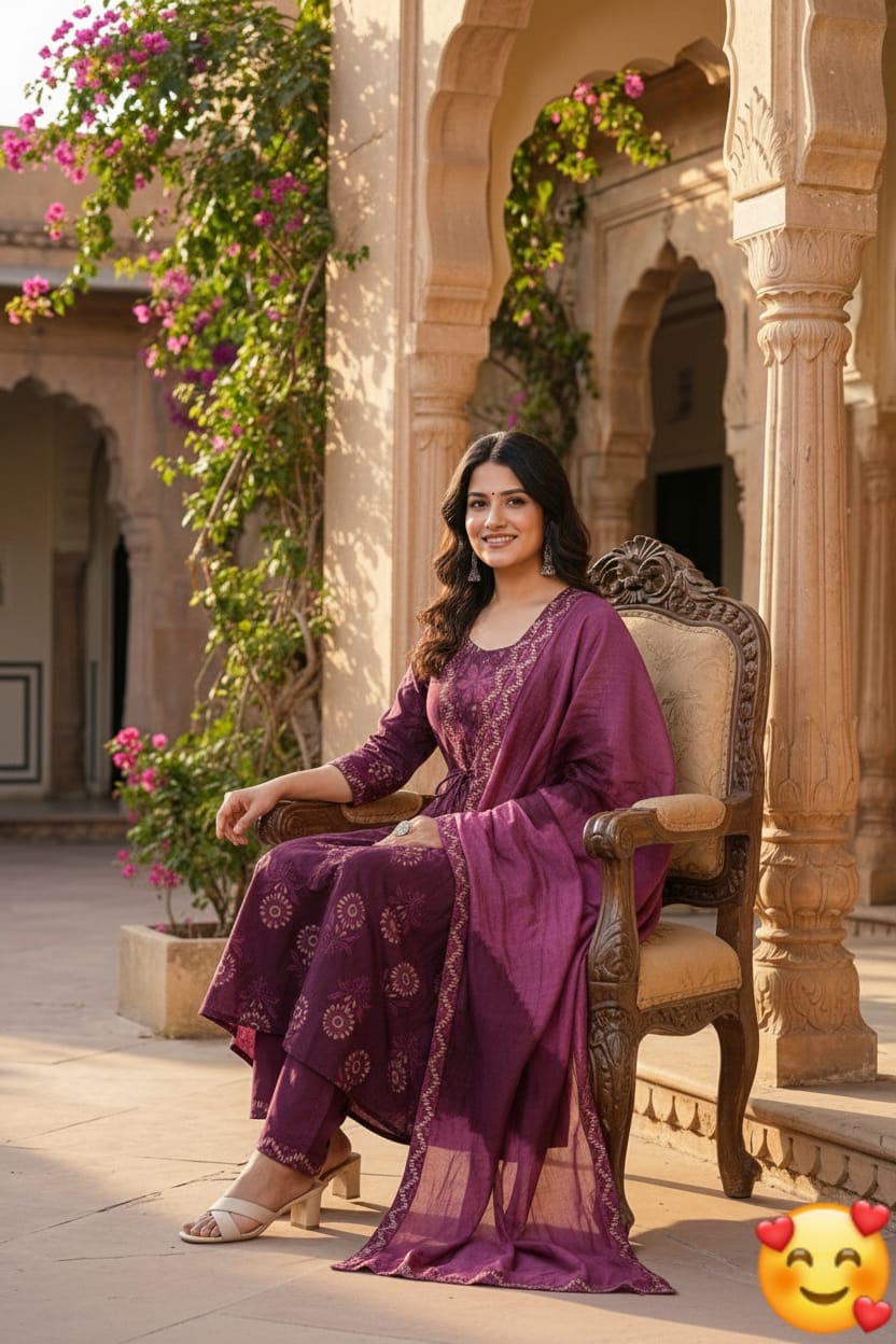 Tritiyaa Two-Layer Anarkali Cotton Kurti Pant Dupatta Set | Hand Block Print Umbrella Suit