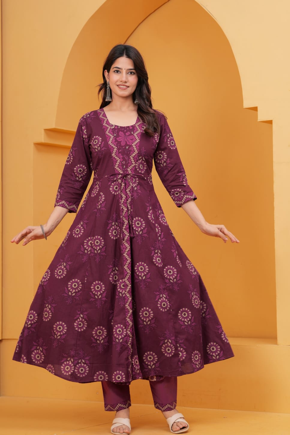 Tritiyaa Two-Layer Anarkali Cotton Kurti Pant Dupatta Set | Hand Block Print Umbrella Suit