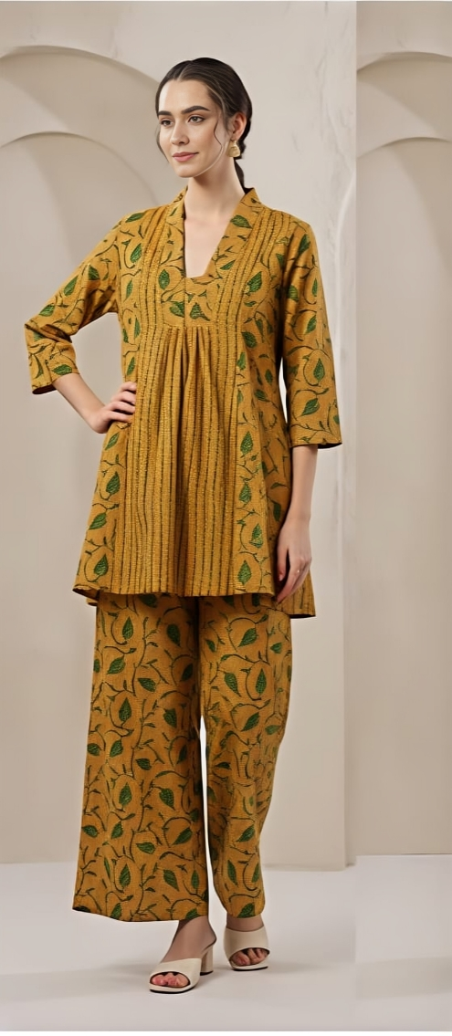 Tritiyaa Yellow Printed Cotton Kurti Pant Set | Regular Fit Daily Wear Set