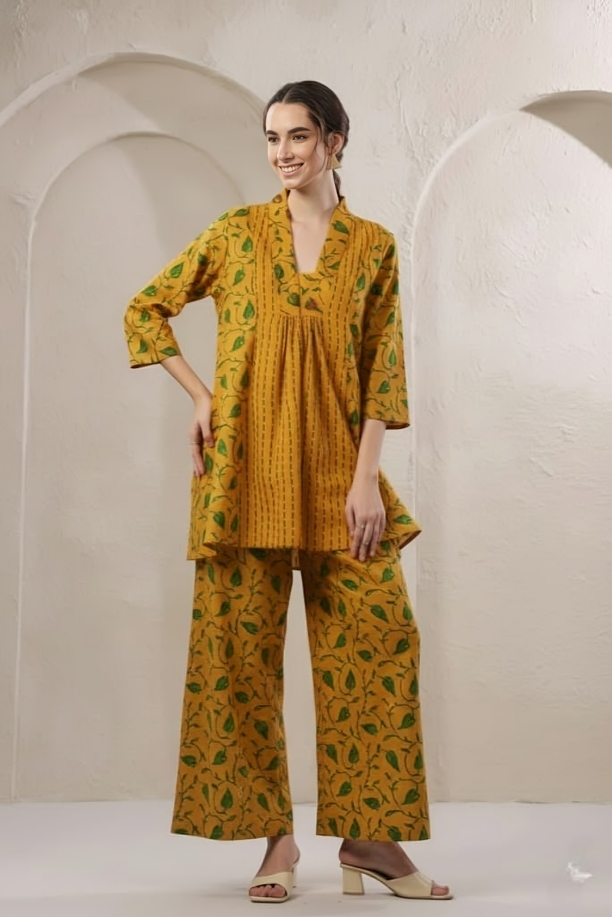 Tritiyaa Yellow Printed Cotton Kurti Pant Set | Regular Fit Daily Wear Set