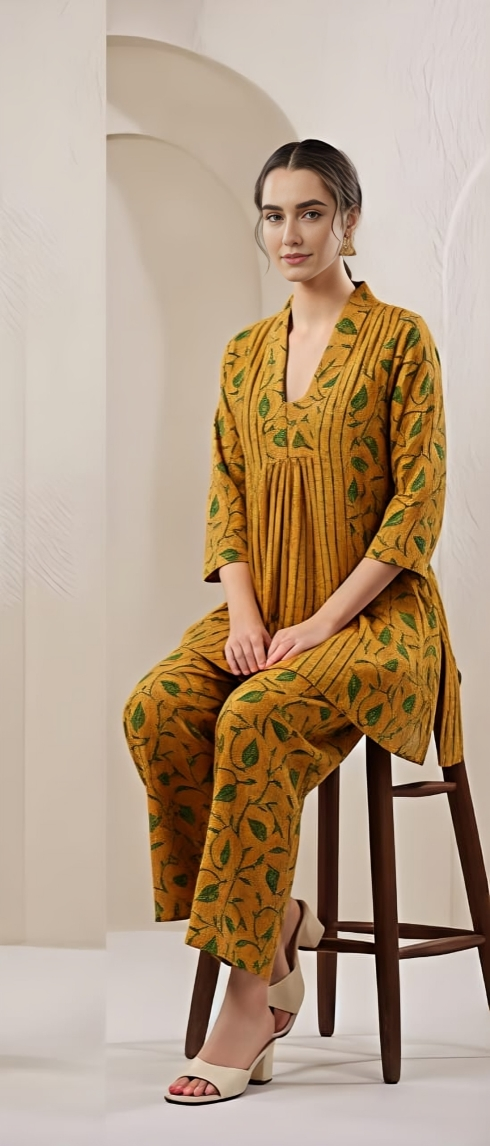 Tritiyaa Yellow Printed Cotton Kurti Pant Set | Regular Fit Daily Wear Set