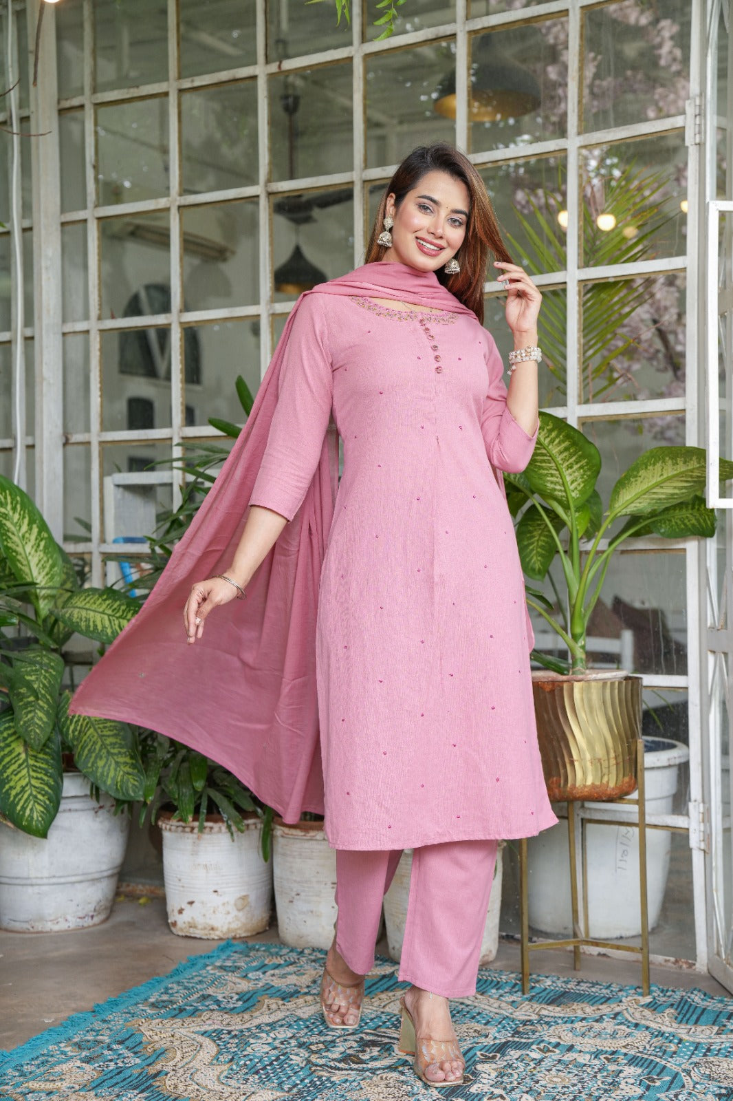 Tritiyaa Designer Cotton Flex Embroidered Kurti Pant Dupatta Set | Festive 3-Piece Set