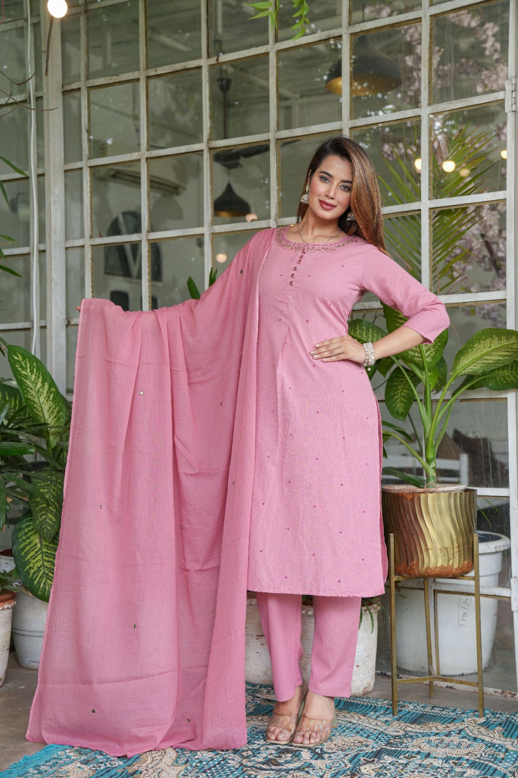 Tritiyaa Designer Cotton Flex Embroidered Kurti Pant Dupatta Set | Festive 3-Piece Set