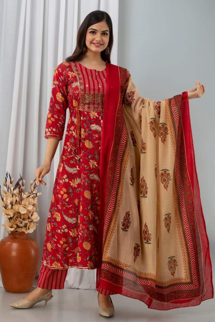 Tritiyaa Red Cotton Anarkali Kurti Pant Dupatta Set | Heavy Zari & Mirror Work Suit