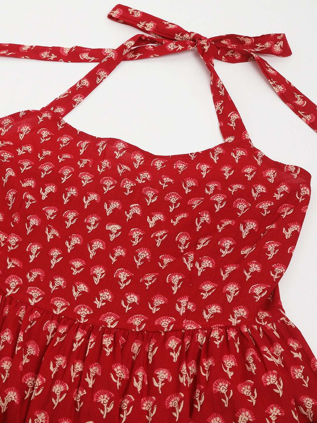 Tritiyaa Red Floral Printed Cotton Halter Neck Tiered Dress | Flared Ethnic Dress