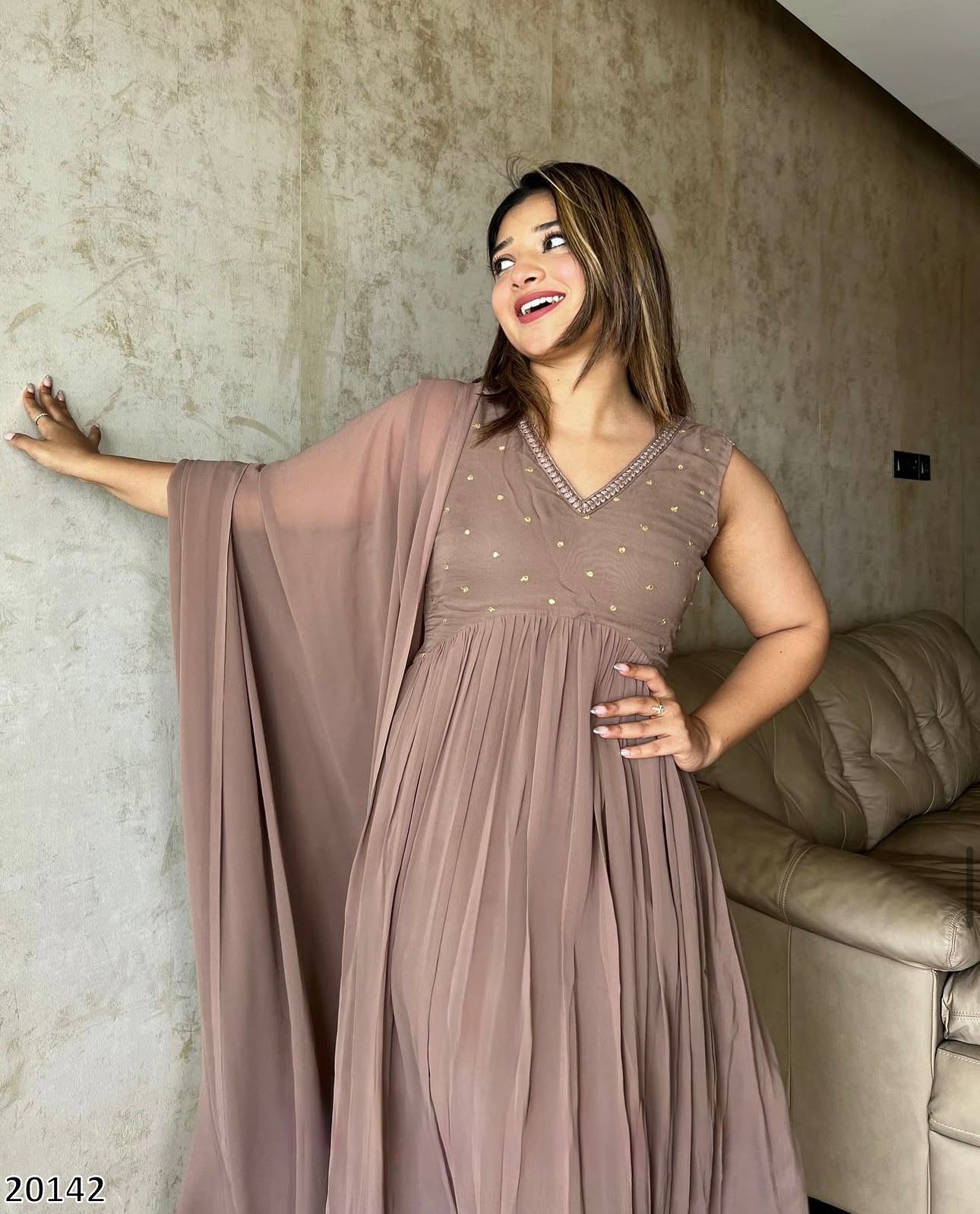 Tritiyaa Designer Faux Georgette Gown Pant Dupatta Set | Embroidered Party Wear