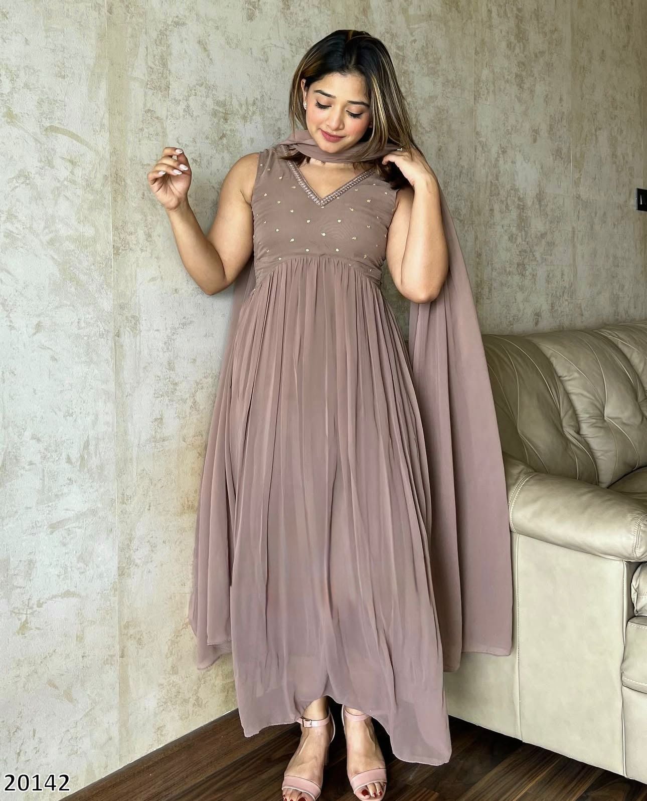 Tritiyaa Designer Faux Georgette Gown Pant Dupatta Set | Embroidered Party Wear