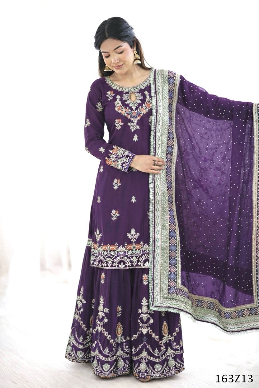 Tritiyaa Designer Faux Georgette Top Sharara Palazzo Dupatta Set | Heavy Embroidered Party Wear