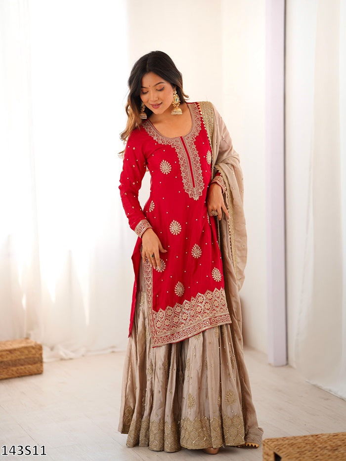 Tritiyaa Designer Chinon Silk Top Sharara Dupatta Set | Pearl & Sequin Embroidered Party Wear