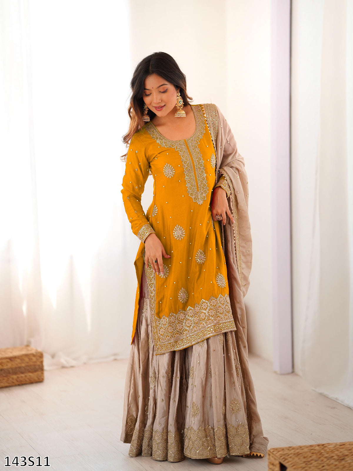 Tritiyaa Designer Chinon Silk Top Sharara Dupatta Set | Pearl & Sequin Embroidered Party Wear