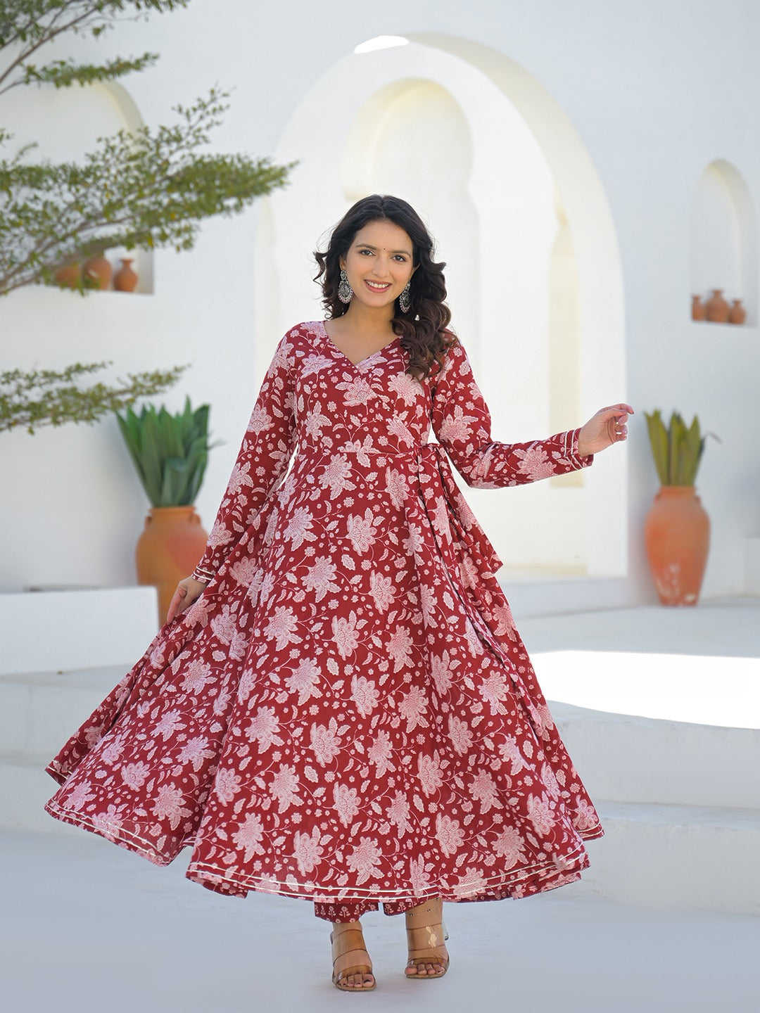 Tritiyaa Red Printed Cotton Anarkali Kurta with Trousers | Angrakha Style Kurta Set
