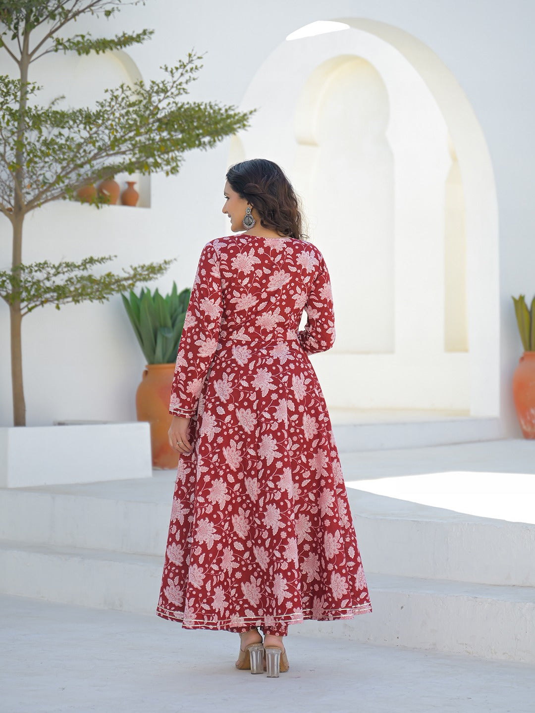 Tritiyaa Red Printed Cotton Anarkali Kurta with Trousers | Angrakha Style Kurta Set